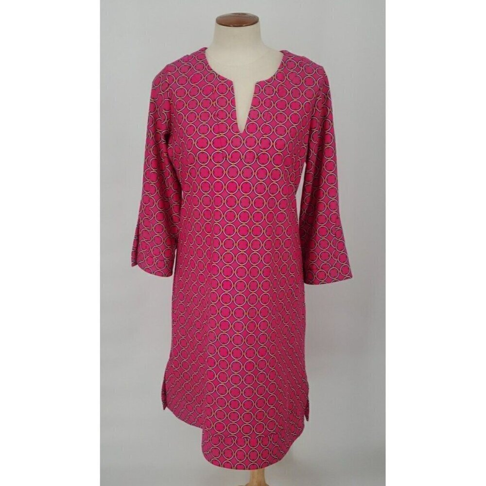 Jude Connally Megan Hot Pink Geometric Print Tunic Dress 3/4 Sleeve Size Large